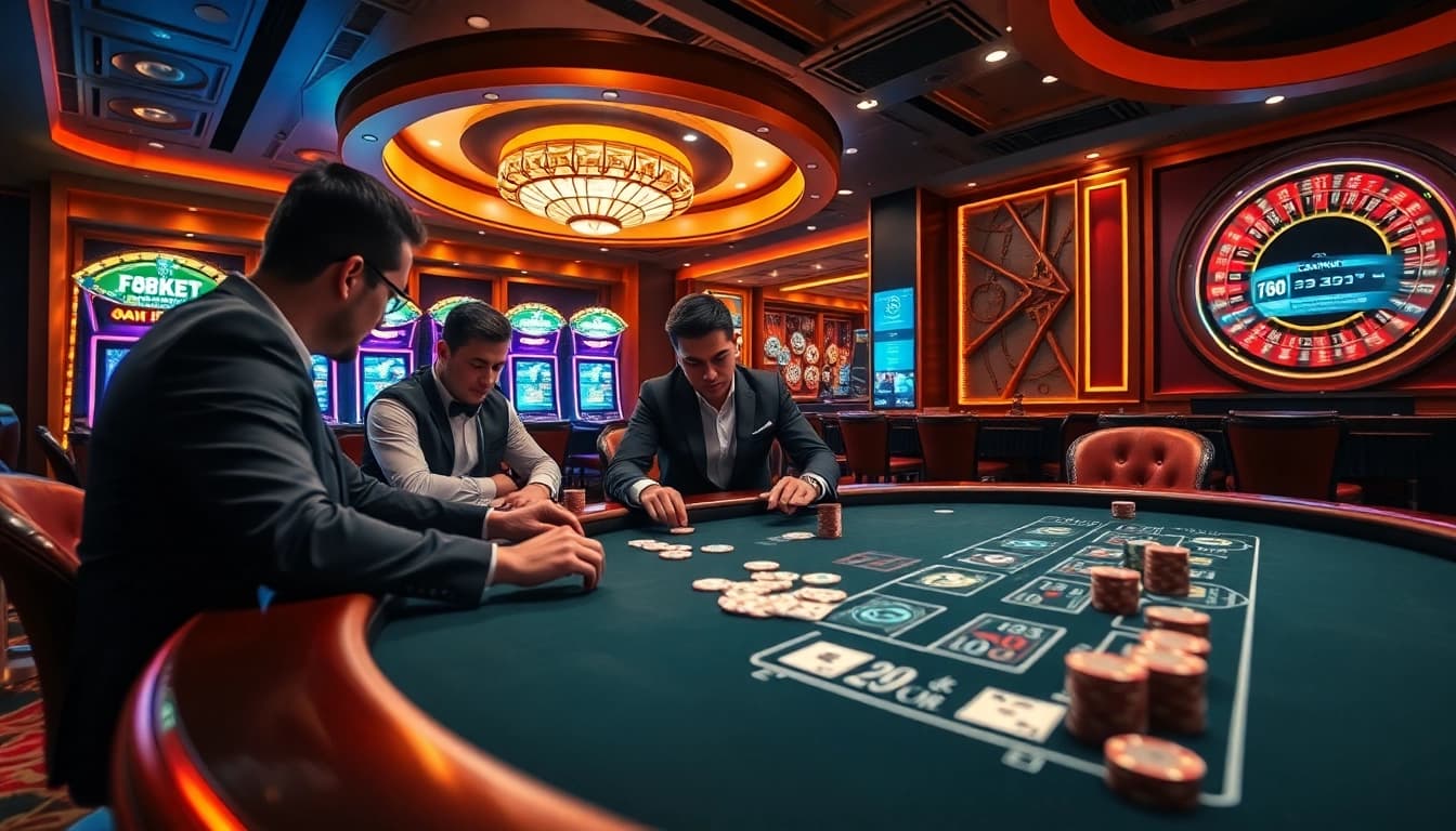 Experience the thrill of gambling with https://f8bet.me.uk/ illustrated in a vibrant casino scene.
