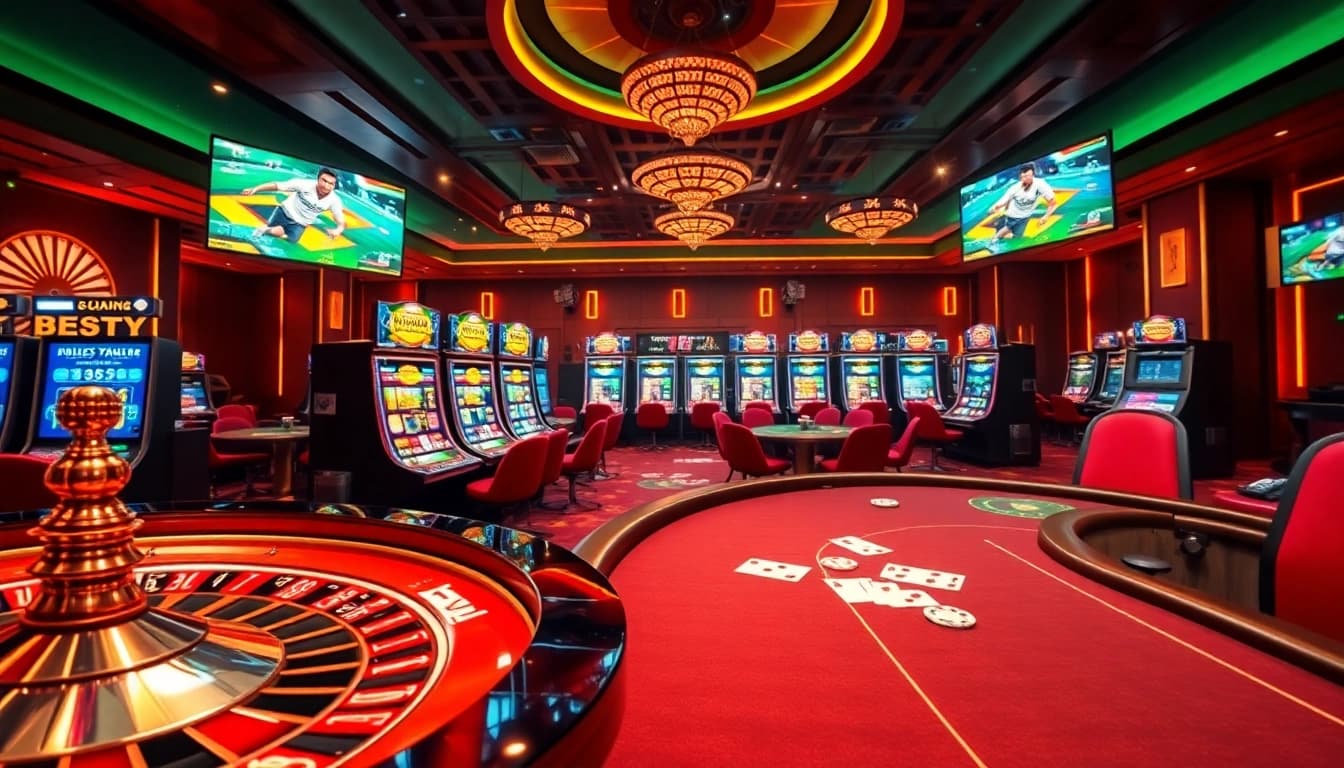 Experience the excitement of Trang Chủ RR88 with vibrant casino visuals showcasing roulette, poker, and slots.