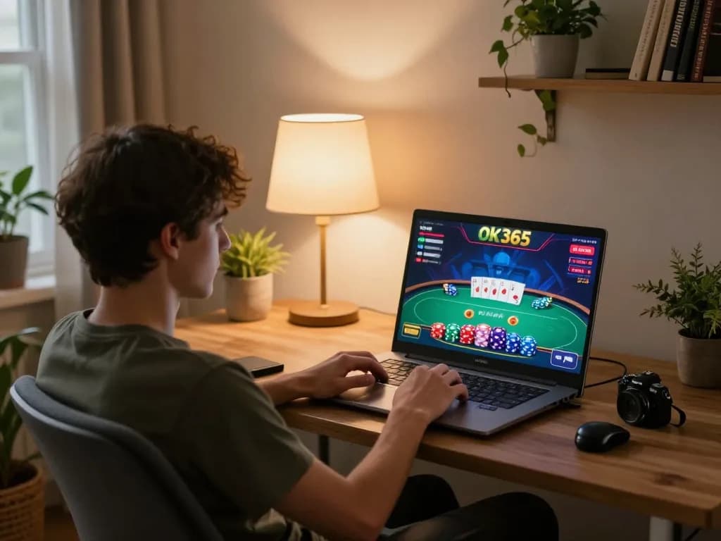 Engaging in strategic poker gameplay on ok365 with a cozy home setup and vibrant visuals