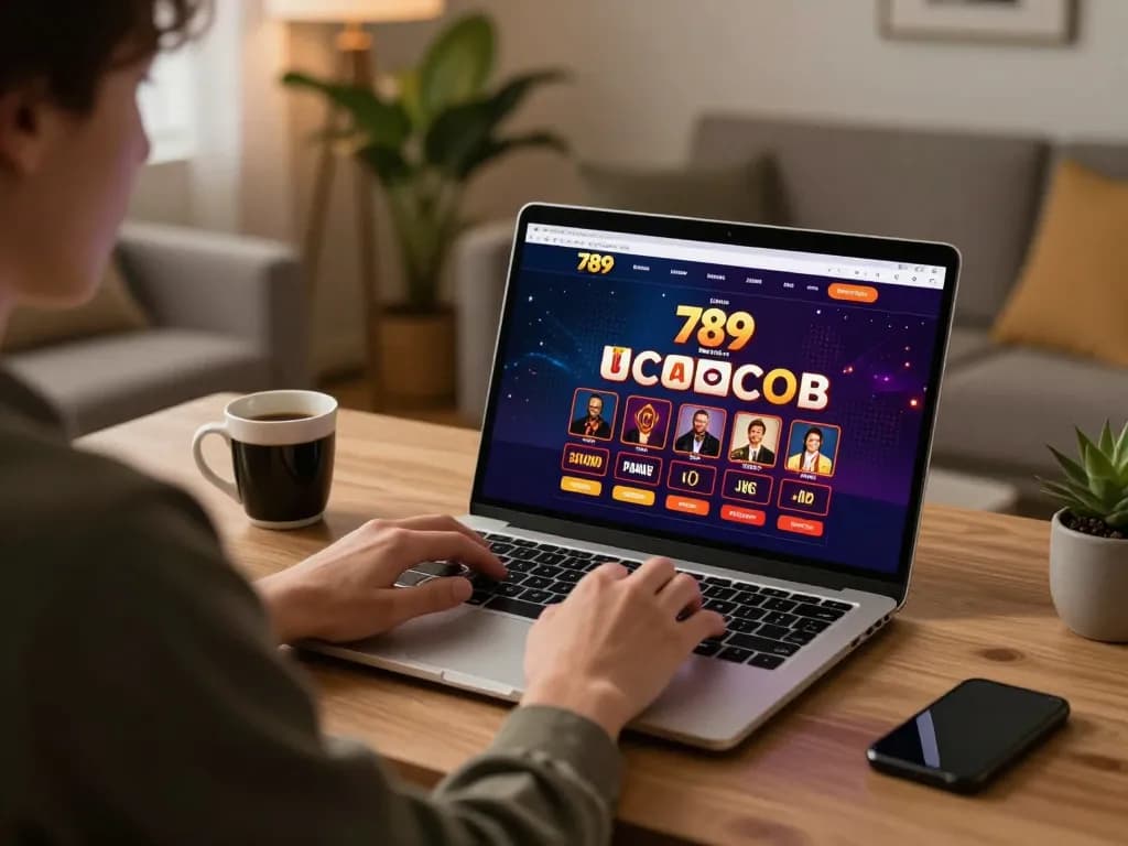 Engaging user playing on laptop at home with 789club casino interface, promoting responsible gaming.