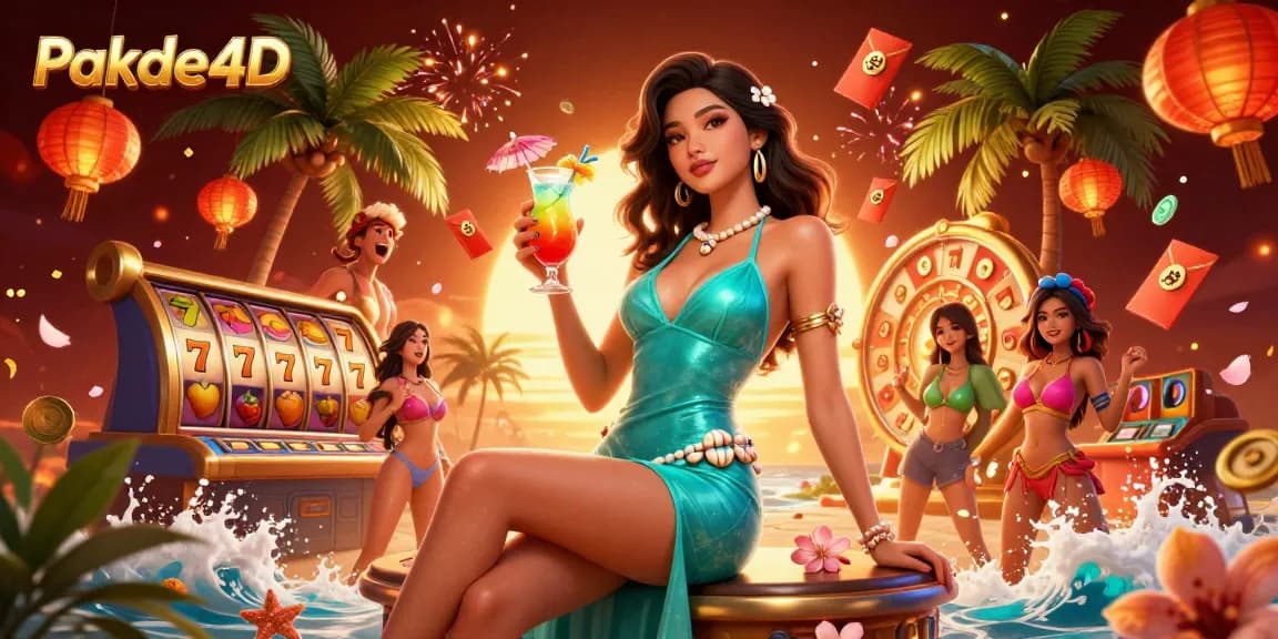 Engage with Pakde4D as a glamorous casino scene unfolds, showcasing interactive slot reels and vibrant decorations.