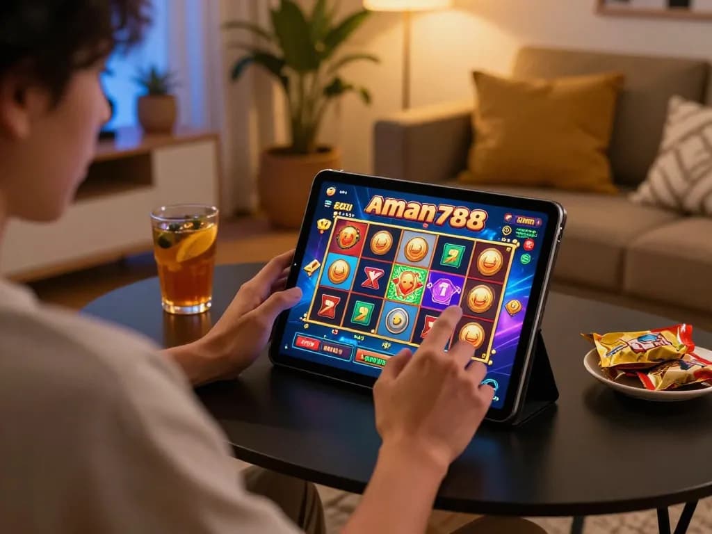 A person engaged in aman788 slot gacor gaming on a tablet at home, showcasing vibrant graphics and cozy atmosphere.