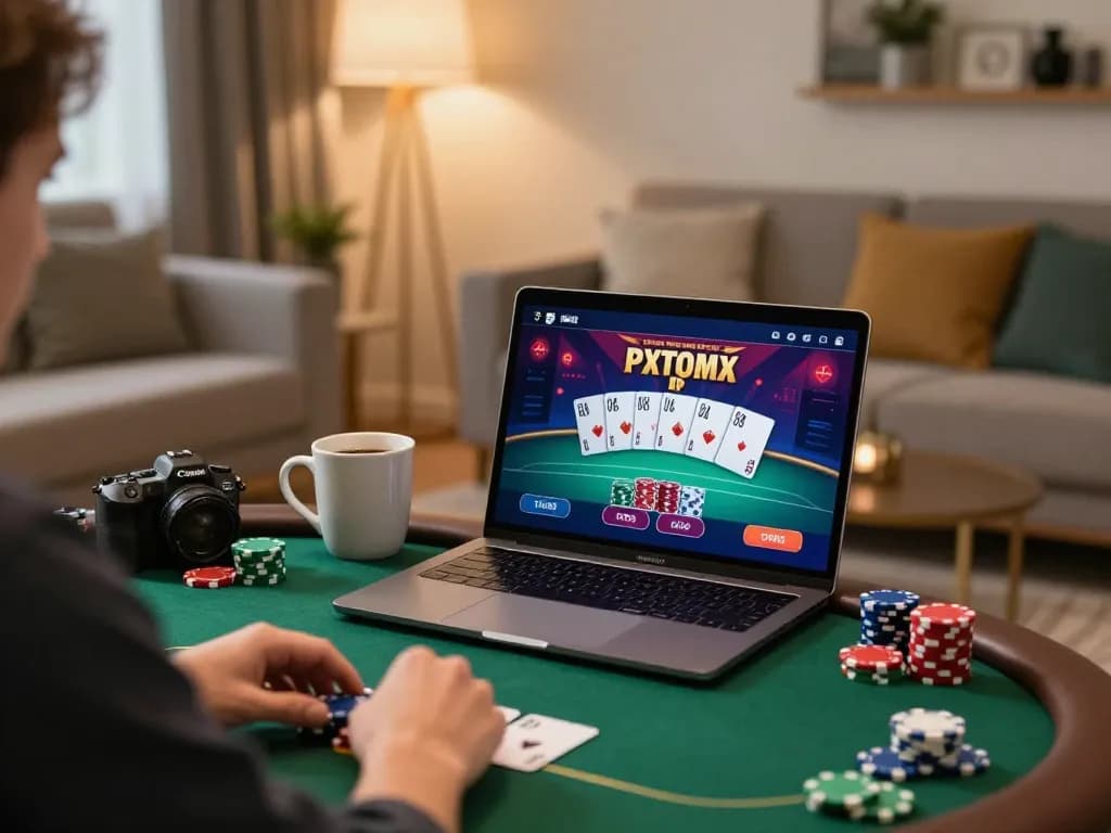 Engaged player on Rik vip using laptop for online poker game in stylish home setting.