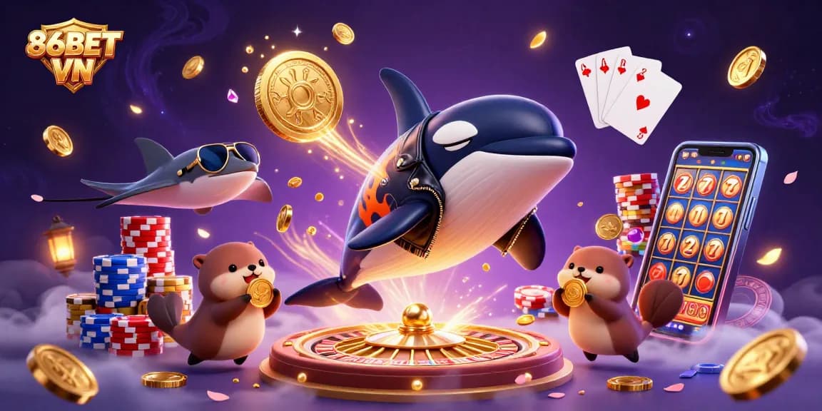 Experience exhilarating gaming action with 86BET VN as orca and otters celebrate winning golden coins.