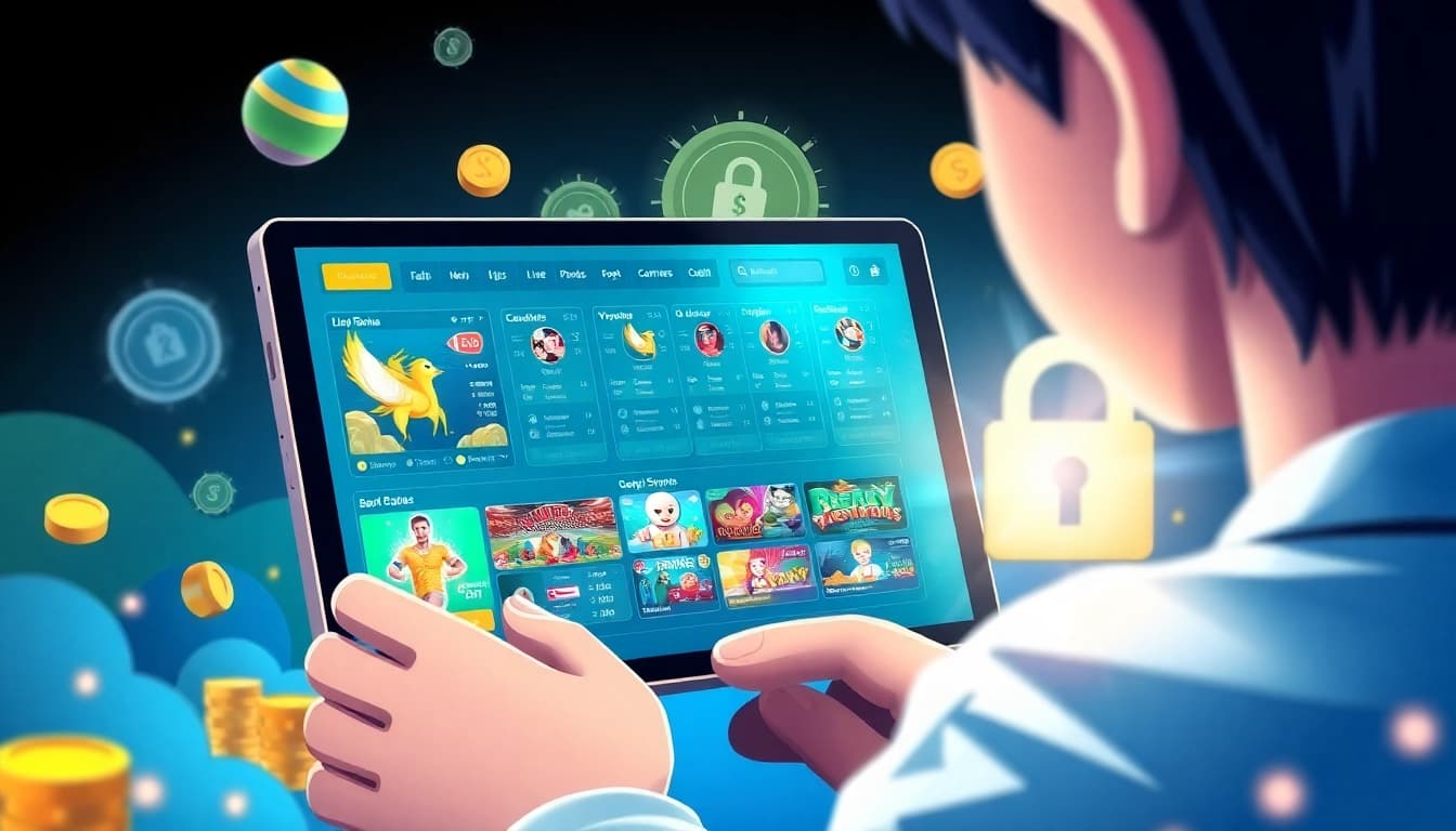 Engaging digital illustration depicting UU88 futbol's online gambling experience with diverse games, emphasizing innovation and security.