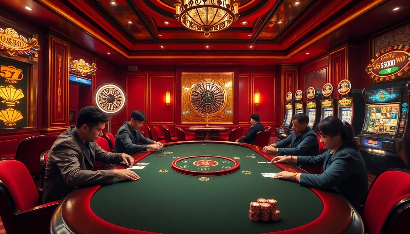 Experience the thrill of BJ38 with vibrant casino tables, poker chips, and high-stakes games.