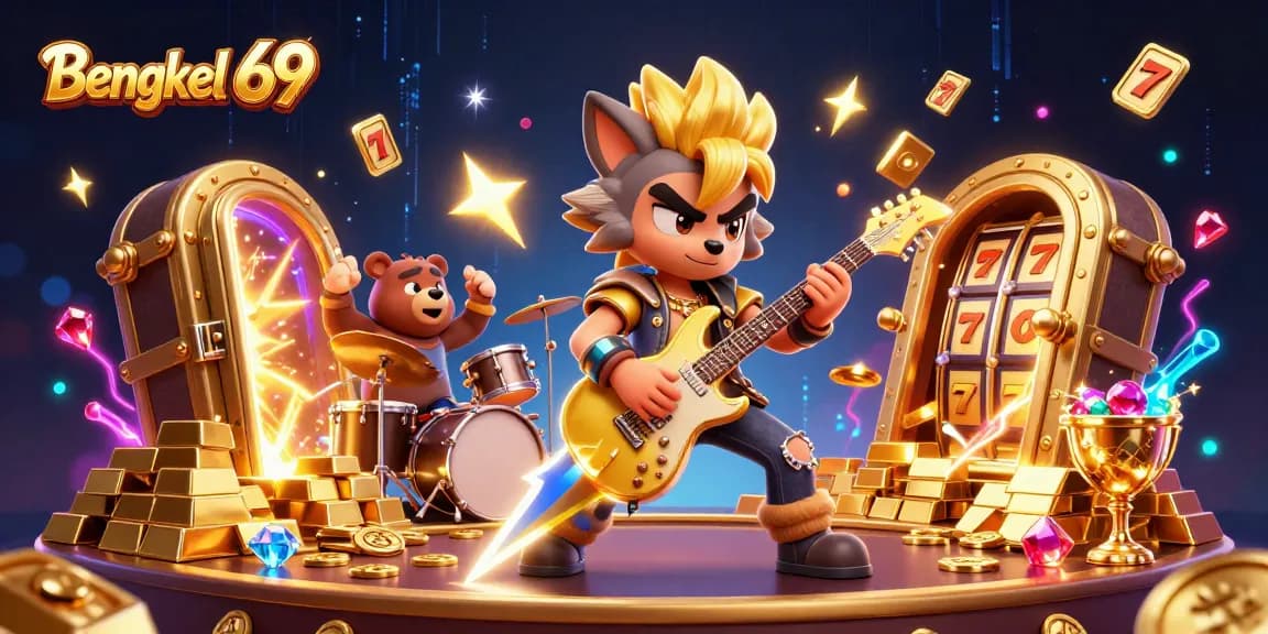 Bengkel 69 showcases a rock star wolf and a drummer bear in vibrant casino energy with gold treasures and slot reels.