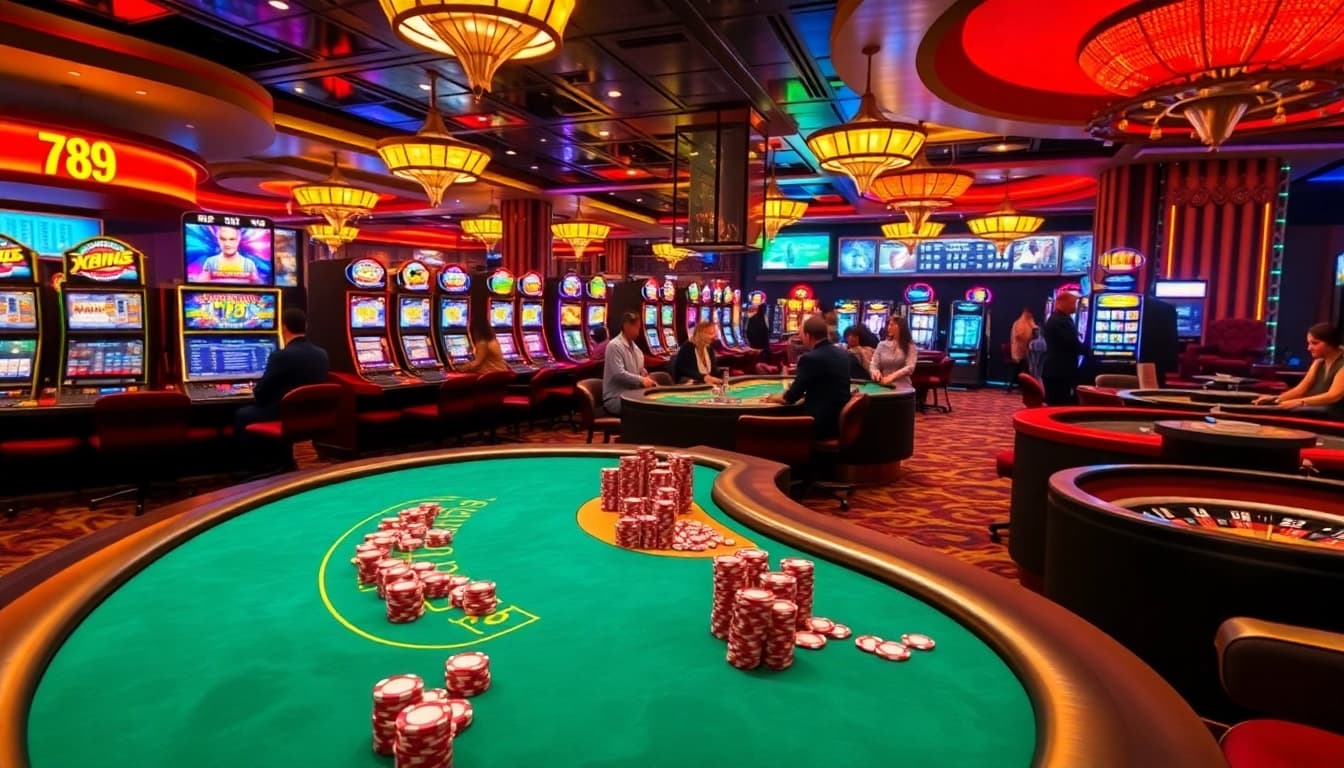 Experience the thrilling vibe of 789 win with an exciting casino scene showcasing vibrant games and enthusiastic players.
