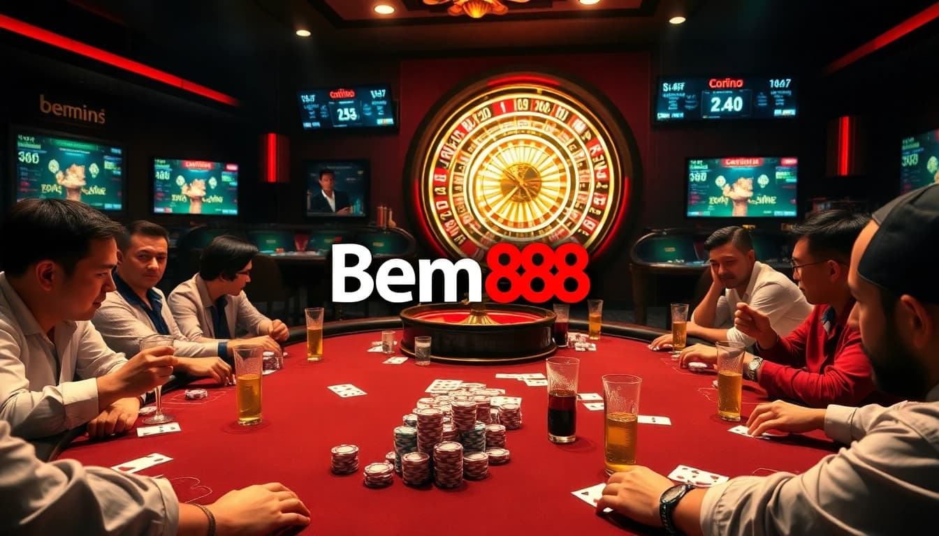 Experience exhilarating poker and roulette gameplay at Bem88's upscale casino themed image.