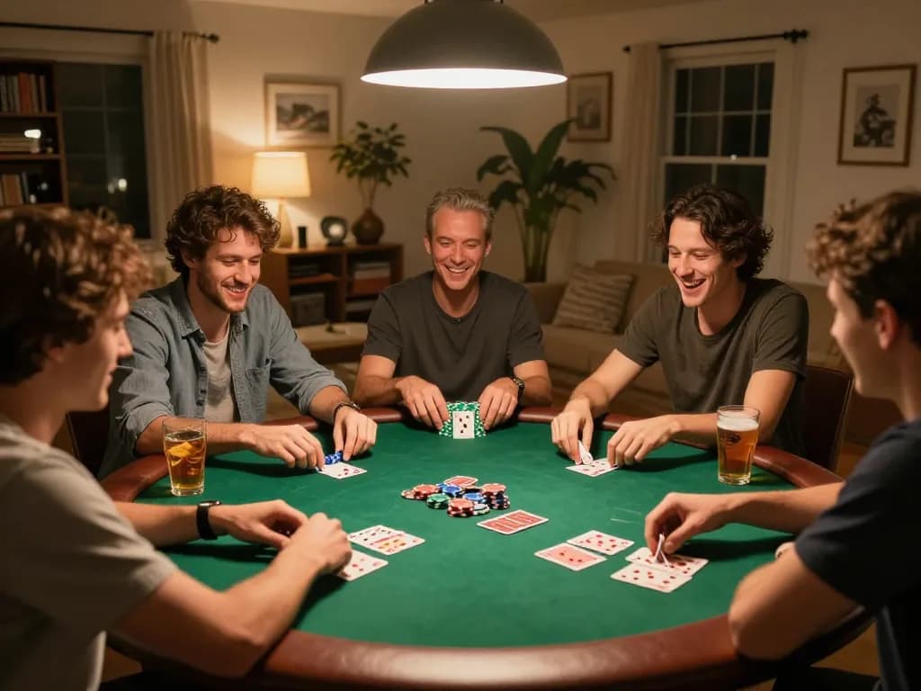 Players enjoying a home poker night at Rik vip, showcasing camaraderie and strategy.