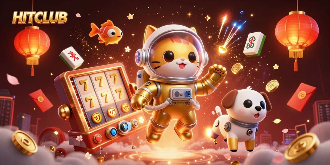 HITCLUB cat astronaut wins massive jackpots with colorful slot reels and festive elements.