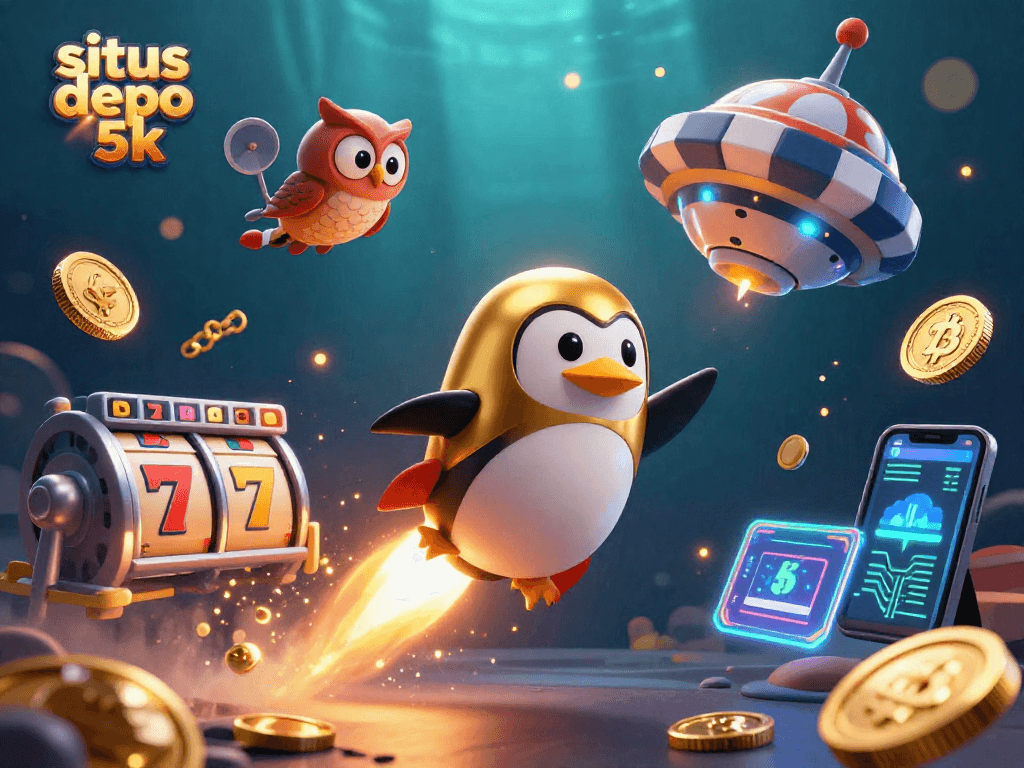Spin big wins at situs depo 5k with a golden penguin and dazzling casino elements.