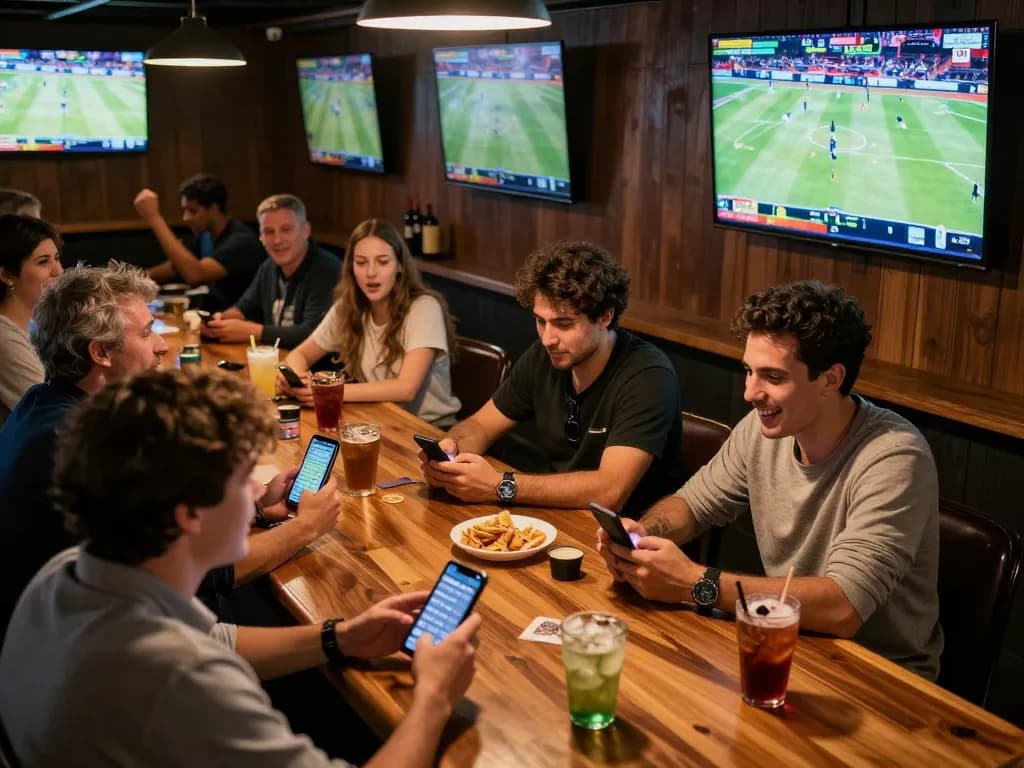 Exciting sports betting scene showcasing patrons analyzing odds and celebrating wins at a lively sports bar, focusing on soi keo nha cai.
