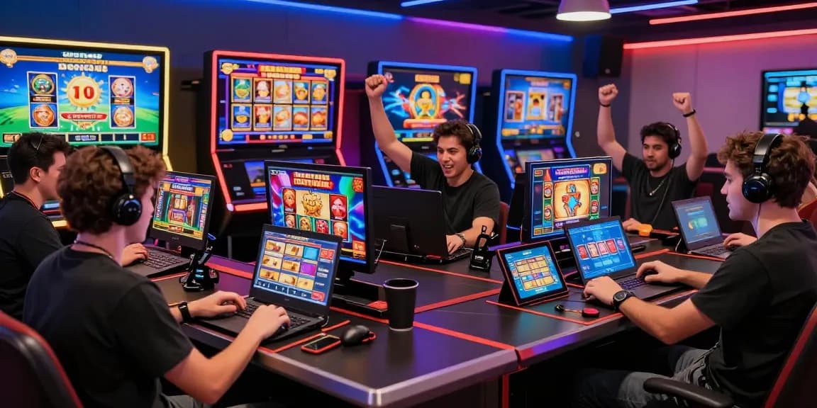 Engaging group enjoying bonus buy slots UK on various devices in a lively casino setting.