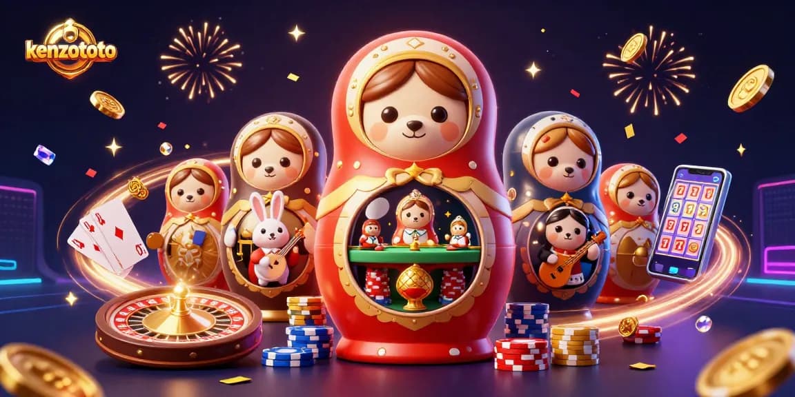 Experience the excitement of kenzototo with vibrant casino-themed 3D illustration showcasing festive game elements.
