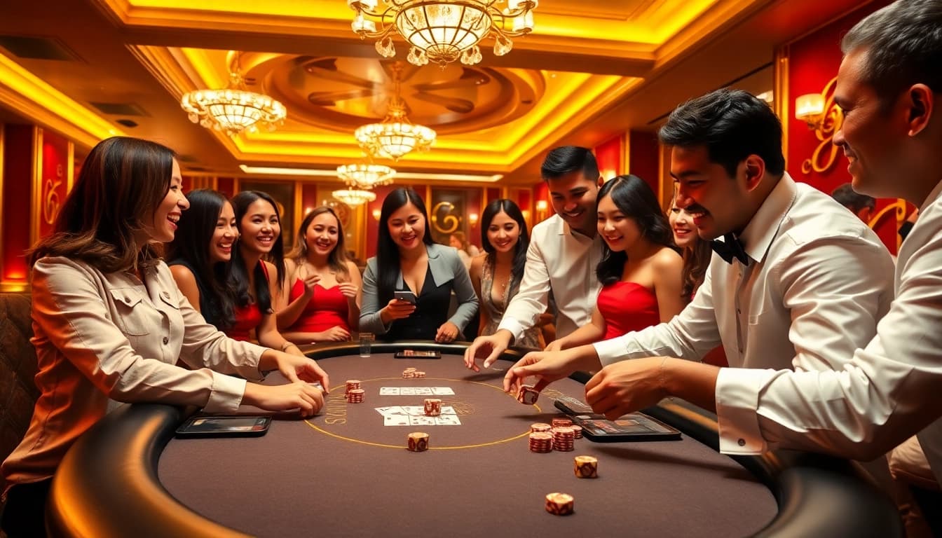 Players enjoying a thrilling game of poker at MB66 casino, surrounded by luxurious atmosphere.