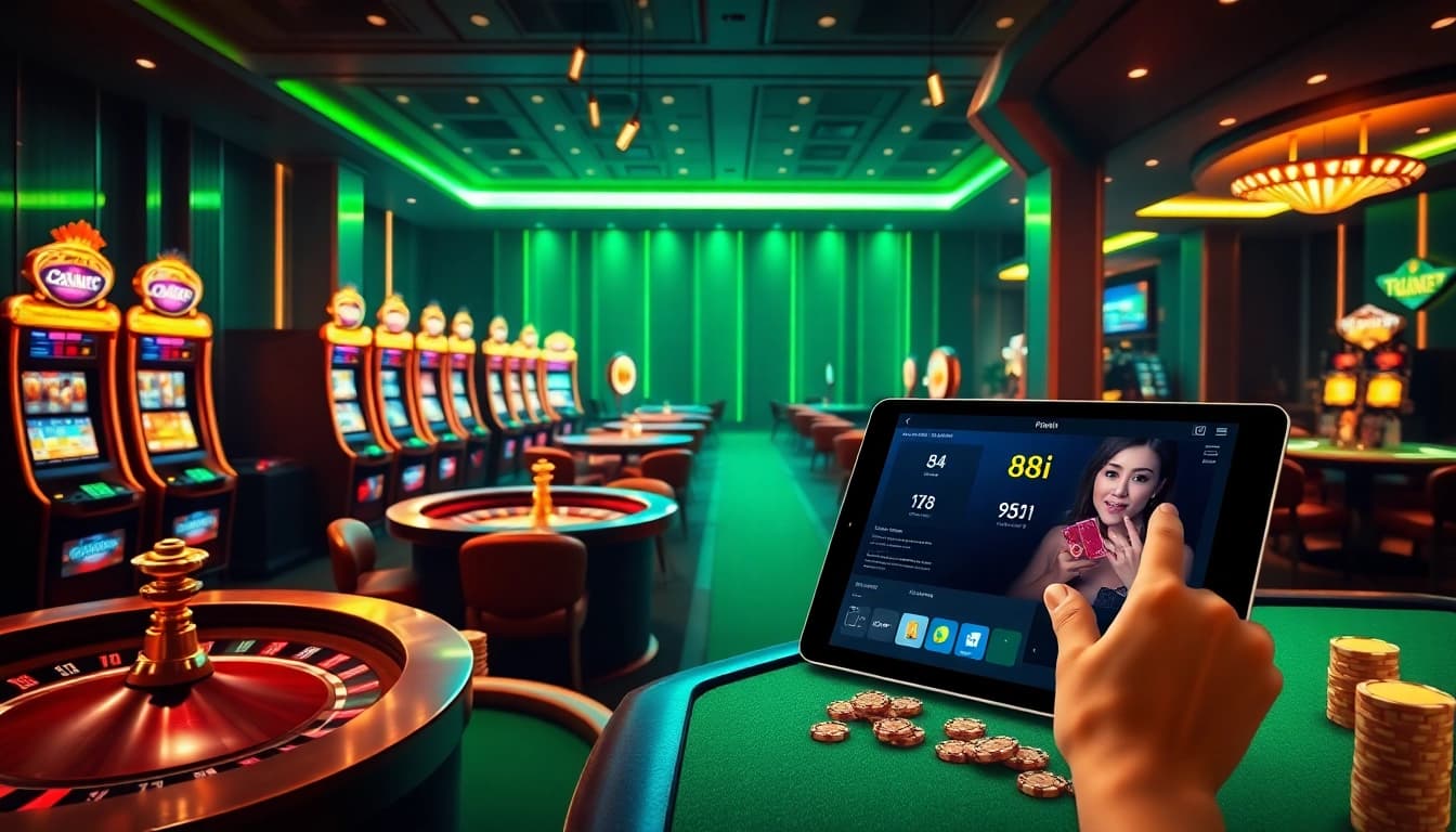 Experience the thrilling gaming atmosphere of 88I with luxury casino tables and modern slot machines.