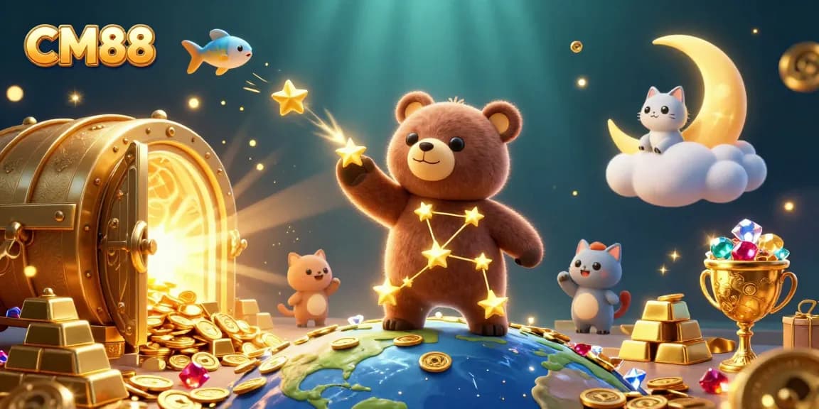 Experience exciting wins with CM88 as a celestial bear gathers coins in a vibrant casino scene.