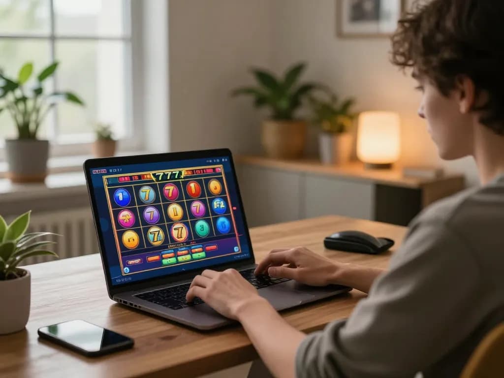 Engaging player strategizing on slot777 game in a cozy home office