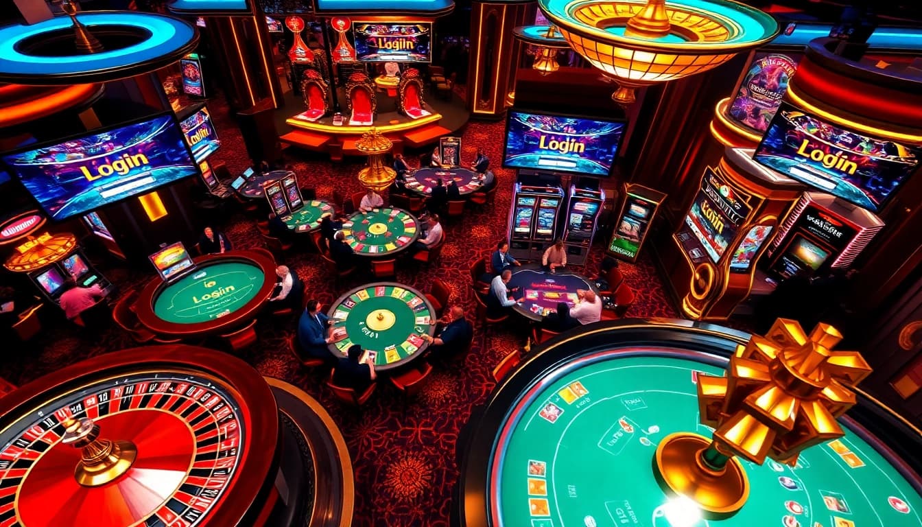Engage in the excitement of online gambling with raja luck login showcasing vibrant slot machines and casino tables.