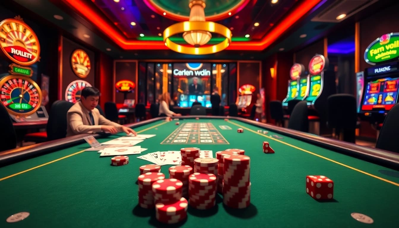 Engaging players at trang chủ 789win enjoying a vibrant casino atmosphere with poker games and slot machines.