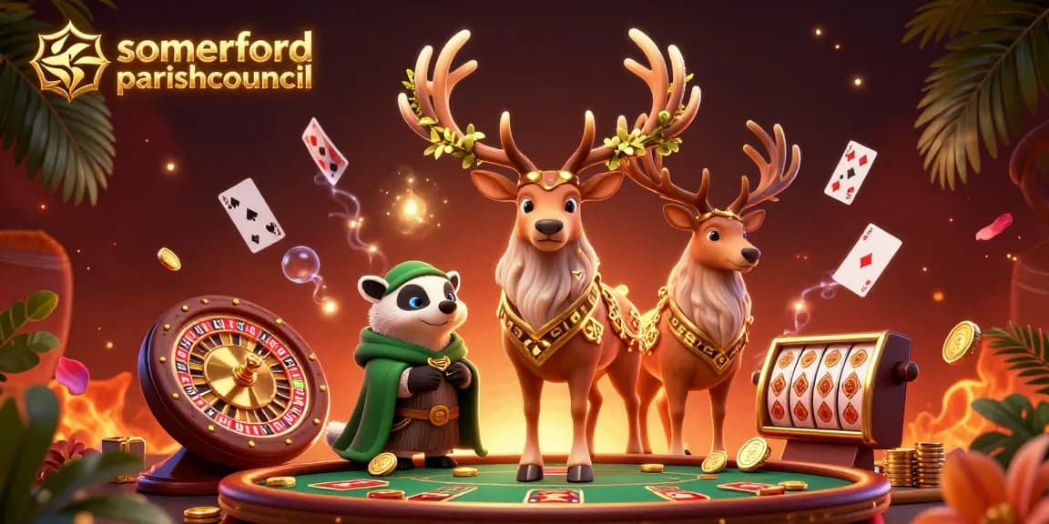 Somerfordparishcouncil showcases a vibrant casino scene with a druid and badger amidst gaming elements.