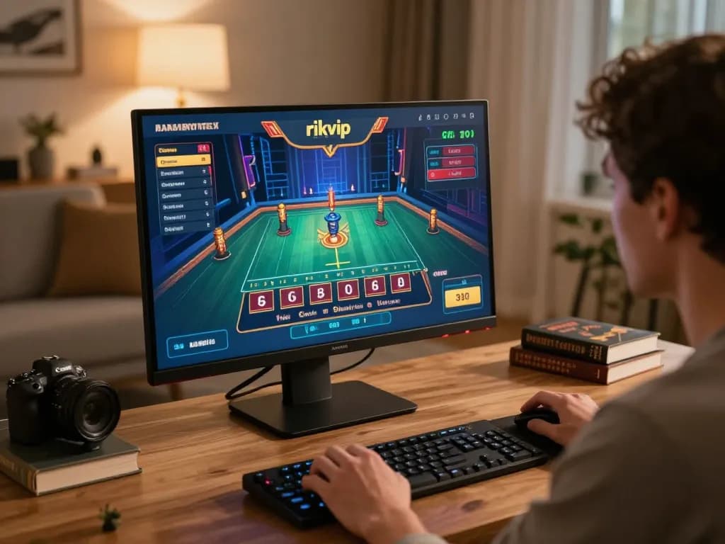 Player engaging with the game rikvip on a laptop, highlighting online gambling strategy.