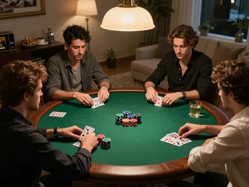 Players enjoying a poker game at home, highlighting Điều khoản sử dụng for a safe gambling experience.