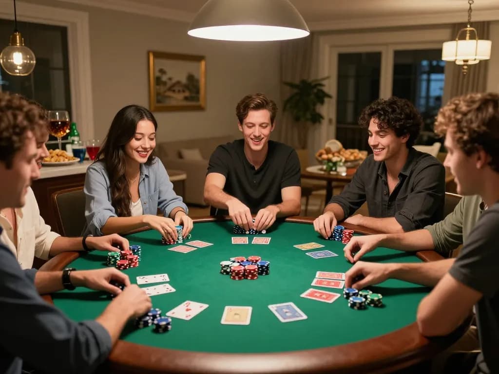 Friends enjoying a lively poker game at home, showcasing the engaging atmosphere of the 98win club.