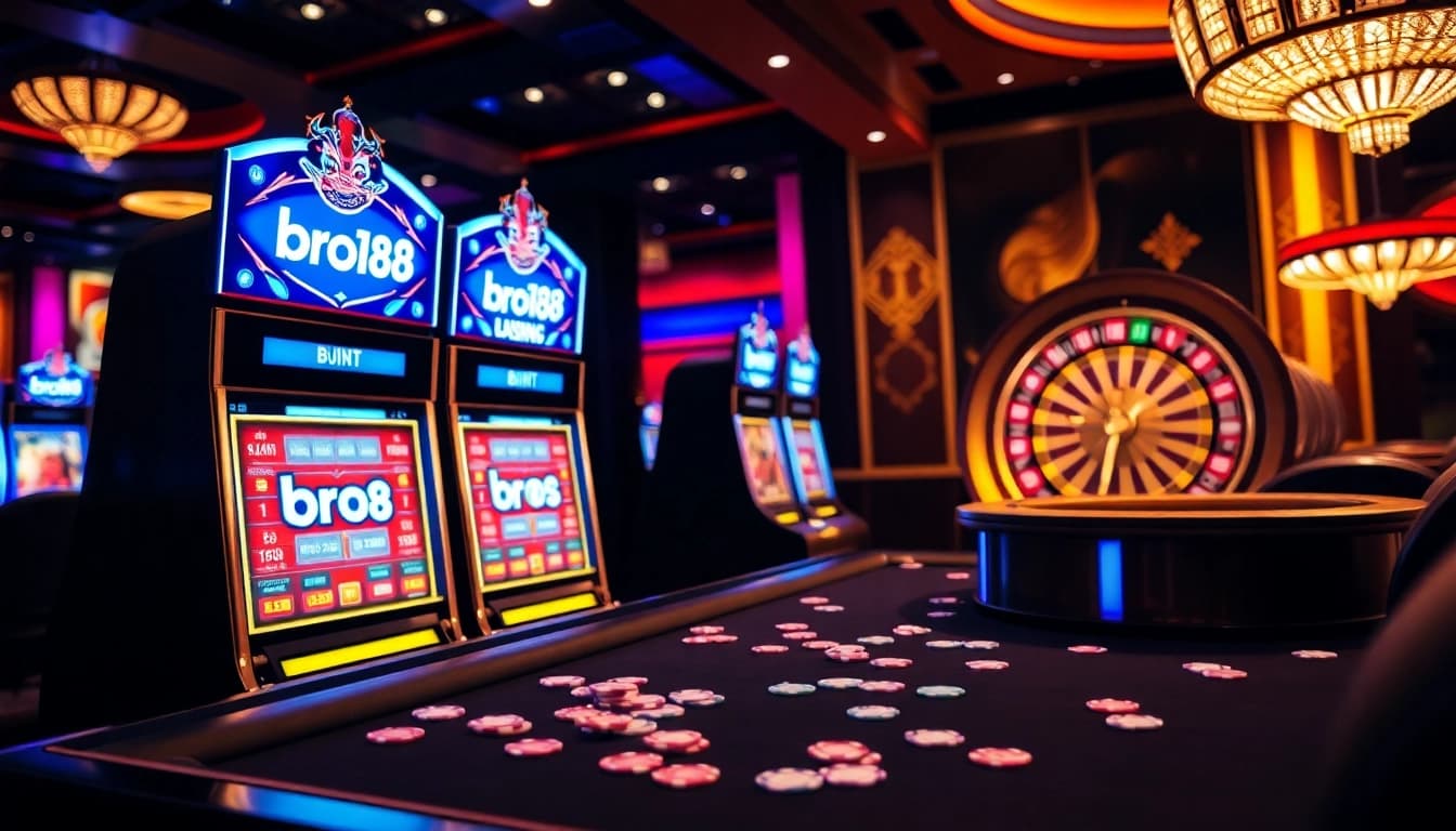 Engaging scene of high-stakes gaming at a casino featuring bro138 slot machines and vibrant poker tables.