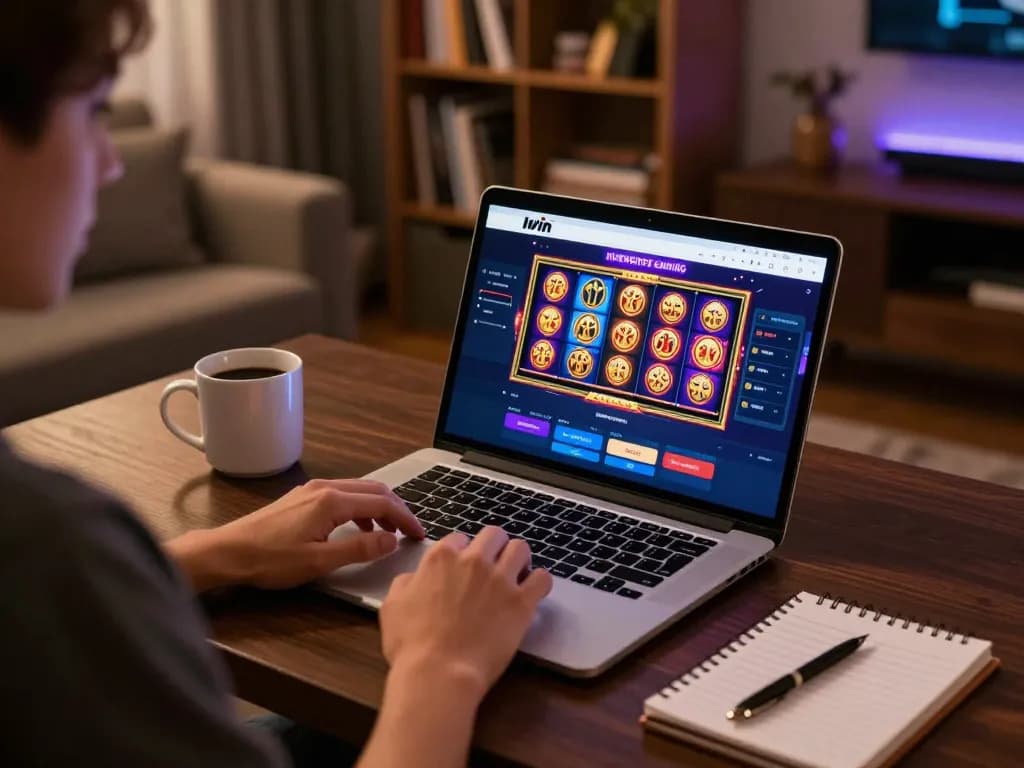 Iwin online gaming platform engaging player at home desk with welcoming setup