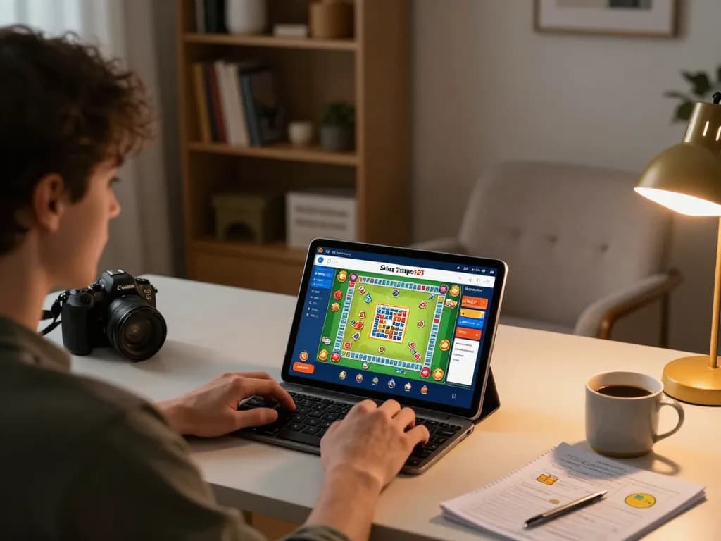 Situs Tempo123 player engages with Mahjong Ways game on tablet in a stylish home office