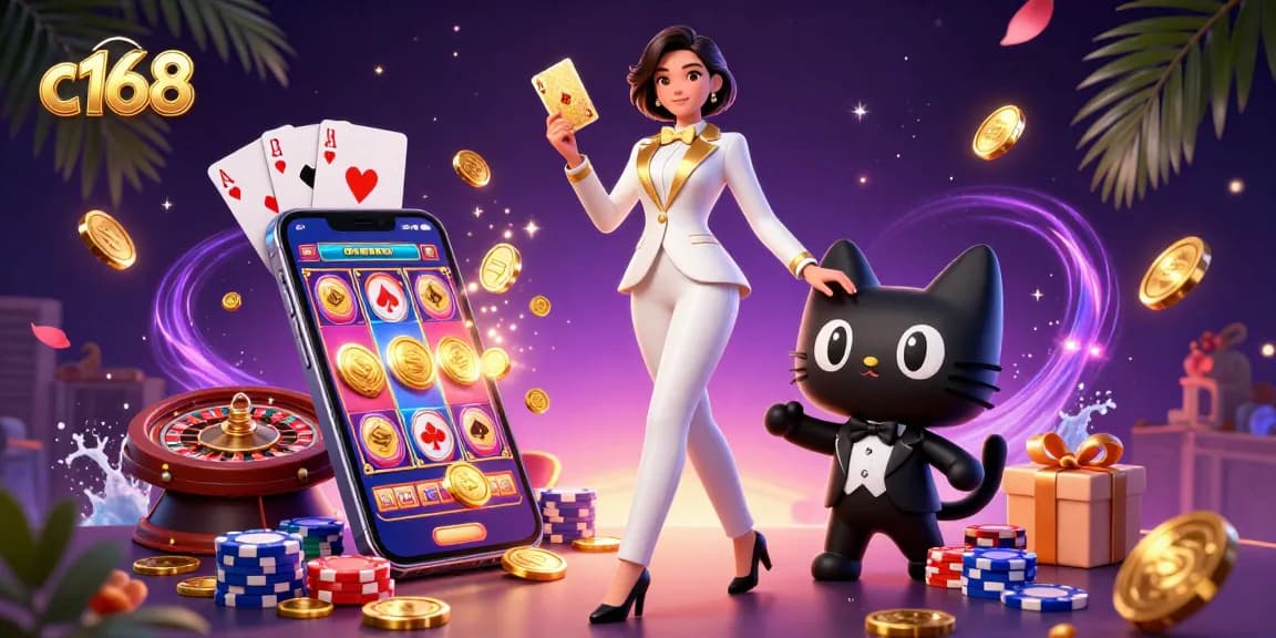 Experience thrilling gameplay with c168, featuring a glamorous dealer shuffling cards amid slot games and poker elements.