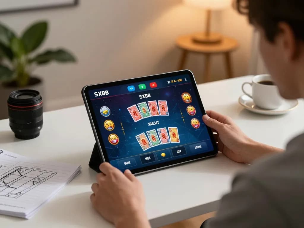 SX88 player engaging with casino app on tablet in a cozy home atmosphere
