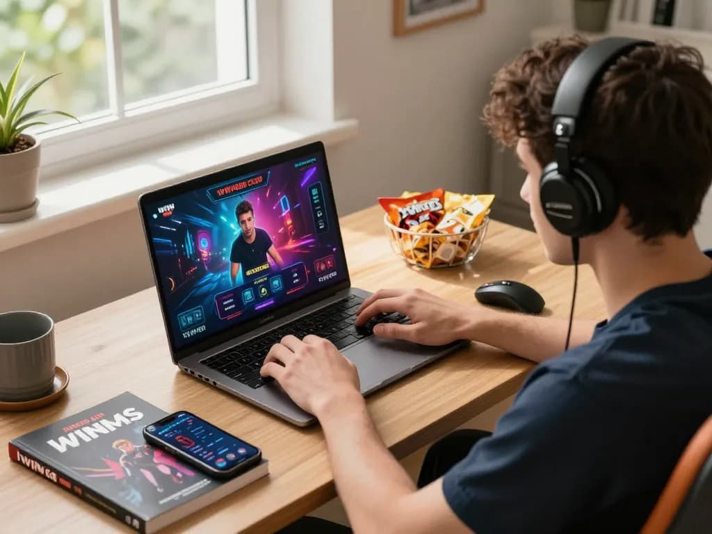 IWIN68 CLUB player engaged in online gaming with strategic materials in cozy home setup.