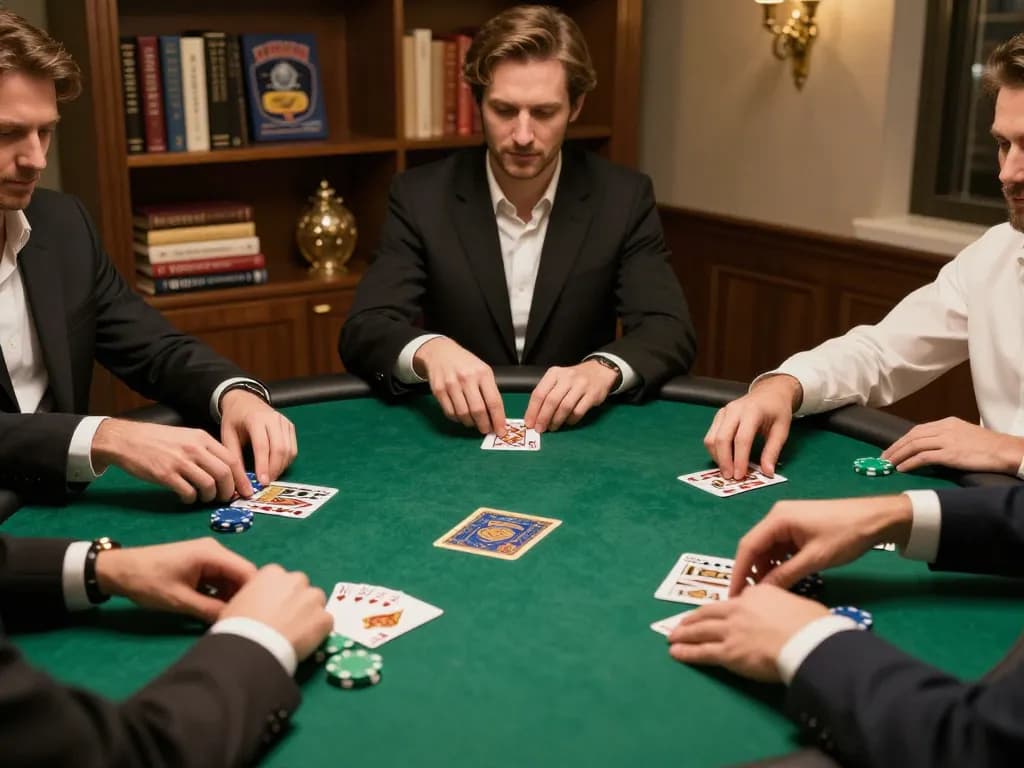 Pemain situs toto terlibat dalam permainan poker, menganalisis tangan dan memasang taruhan di meja kantor rumah yang bergaya dengan pencahayaan ambient