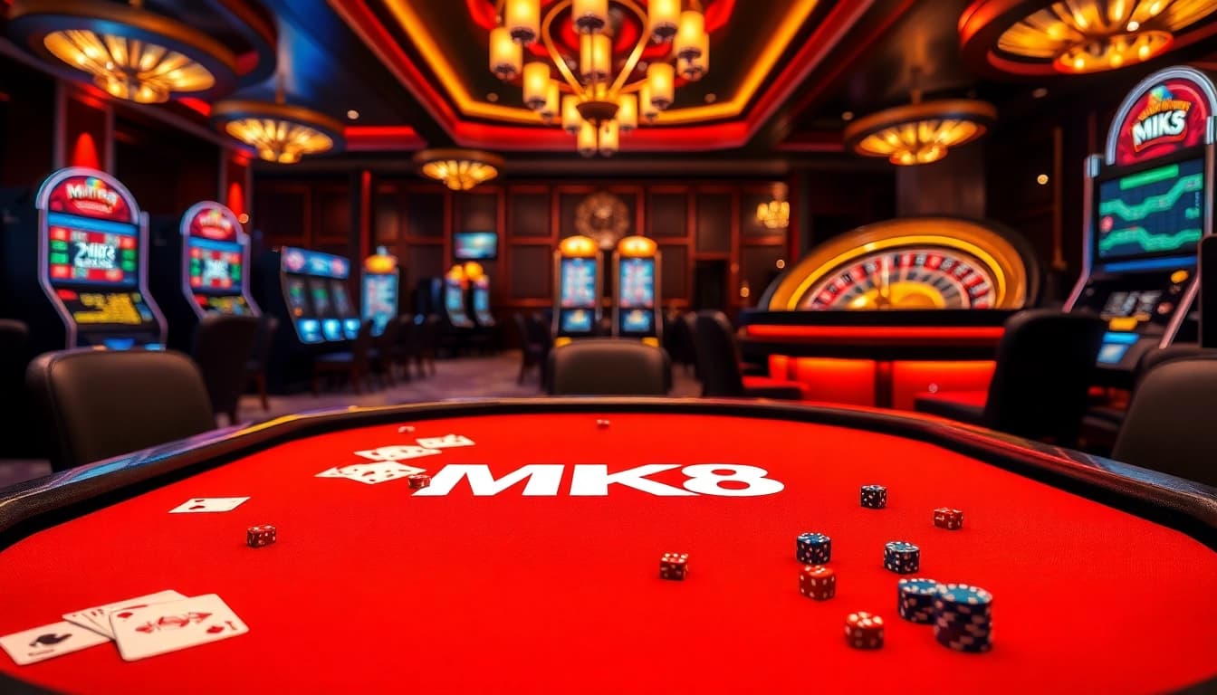 Experience the thrilling gameplay at MK8's vibrant poker table surrounded by high-quality cards and chips.