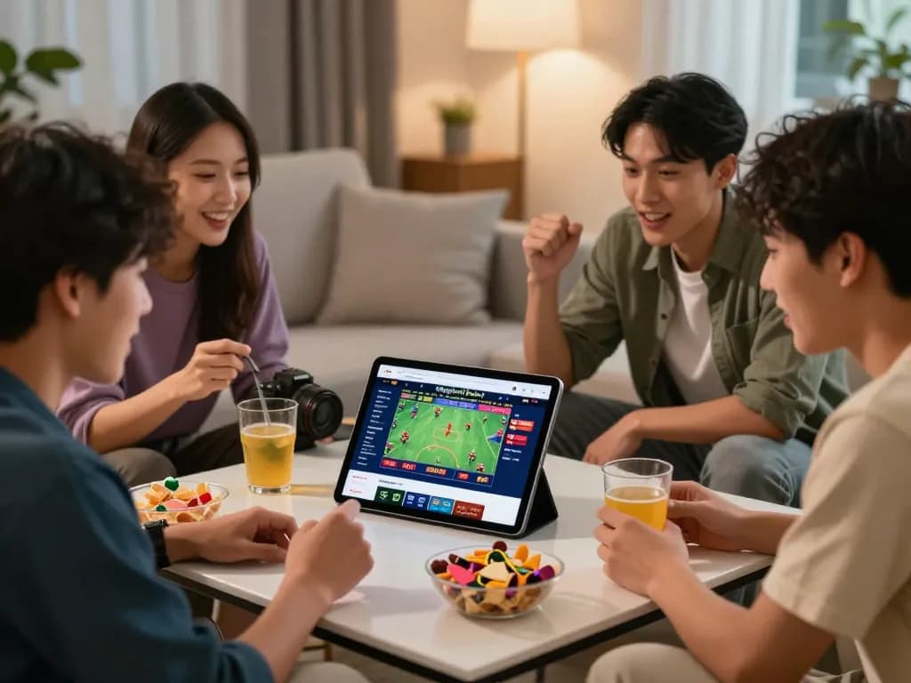 Teman-teman yang terlibat mengeksplorasi strategi agen judi bola di tablet dalam suasana yang nyaman.