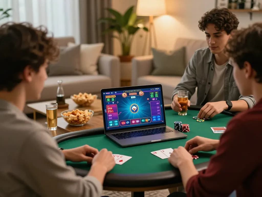 Sekelompok teman yang terlibat dalam permainan poker online menyoroti aman788 slot gacor di suasana rumah yang nyaman.