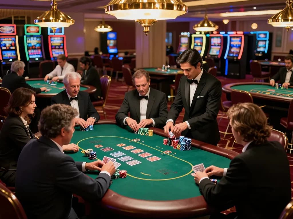 Players using their strategies at poker tables in the 888NEW casino, showcasing engaging gameplay and a vibrant atmosphere