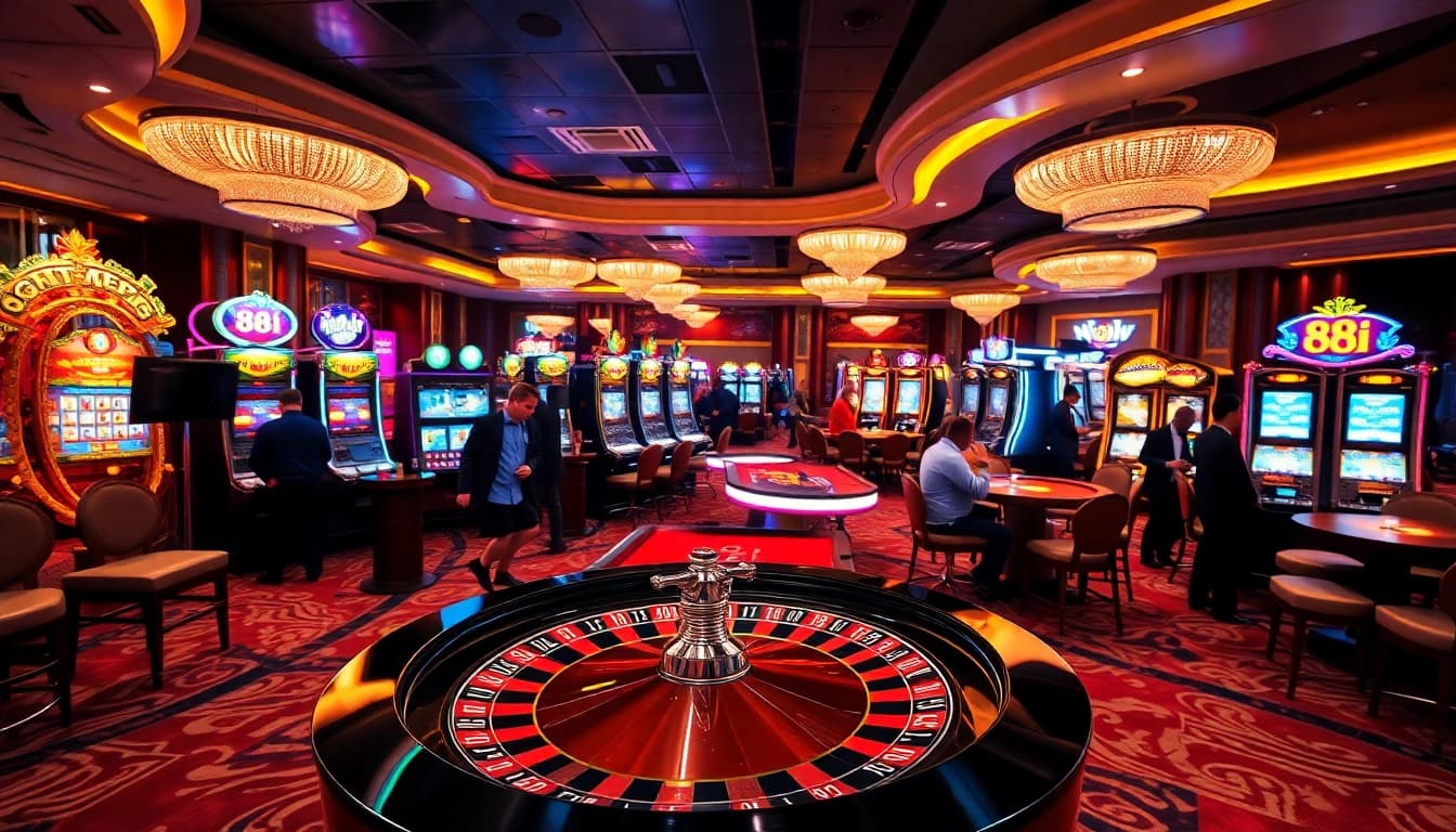 Players enjoying games at 88i's vibrant casino, showcasing excitement and luxury.