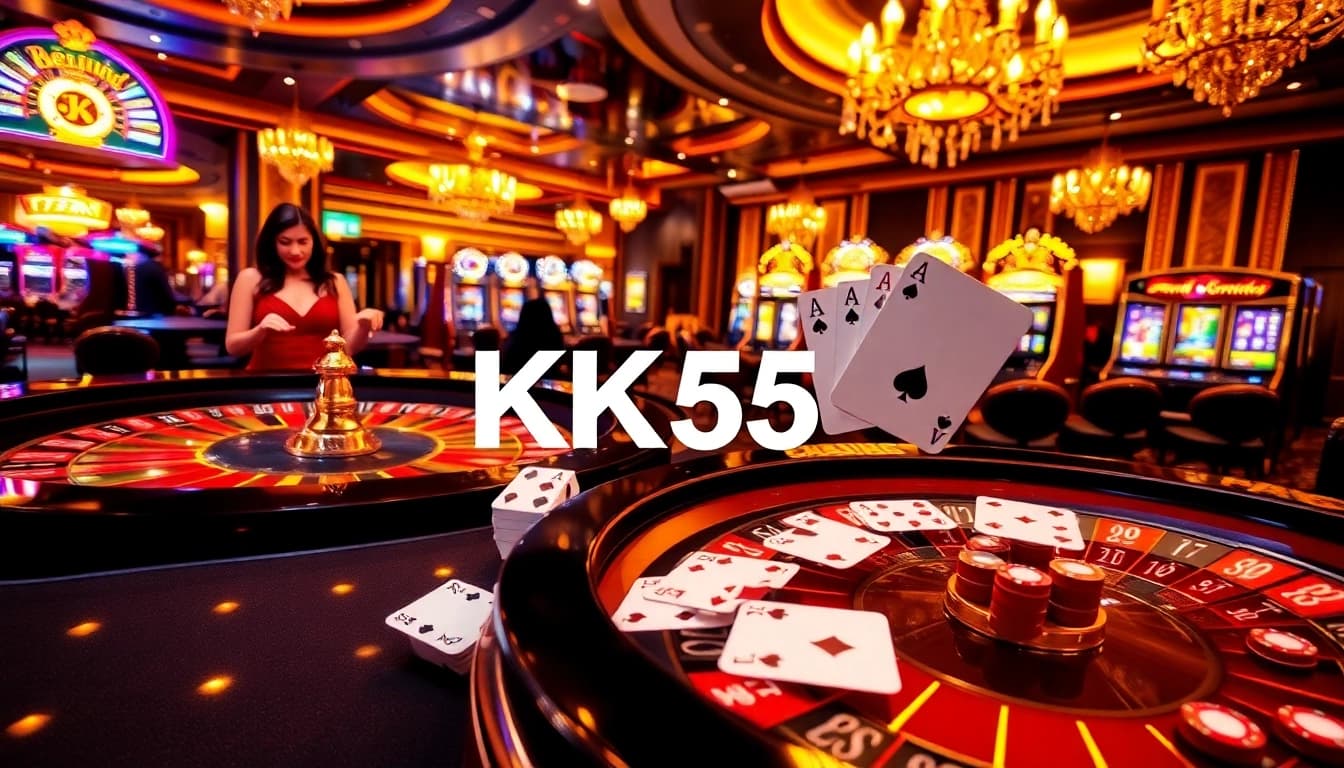 Engage with the thrilling atmosphere of KK55 at a casino roulette table with vibrant chips and lively gameplay.