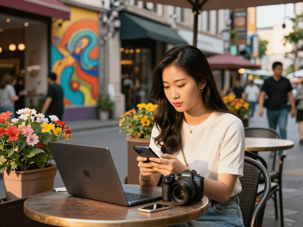 Thiếu nữ sử dụng công nghệ tại quán cà phê, thể hiện phong cách gái gọi hiện đại.