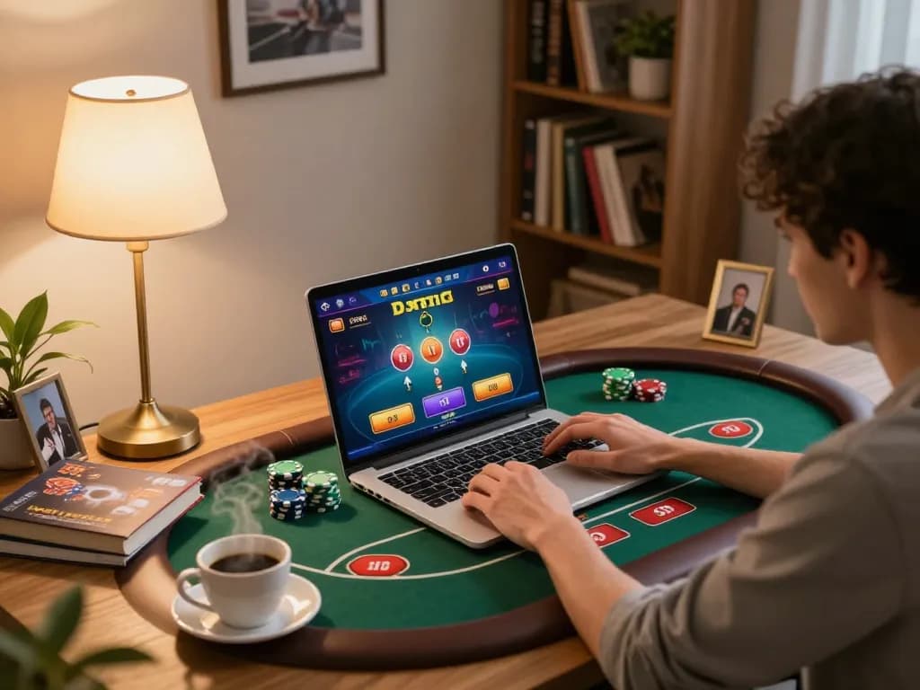 Player engaging in thrilling online casino action with net88 on a cozy home setup, showcasing poker interface and strategy notes.