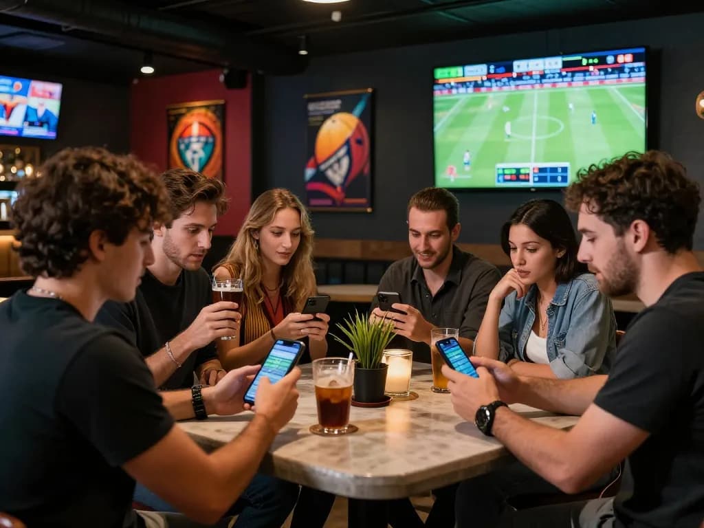 F8BET users placing bets on mobile devices in a vibrant sports bar atmosphere