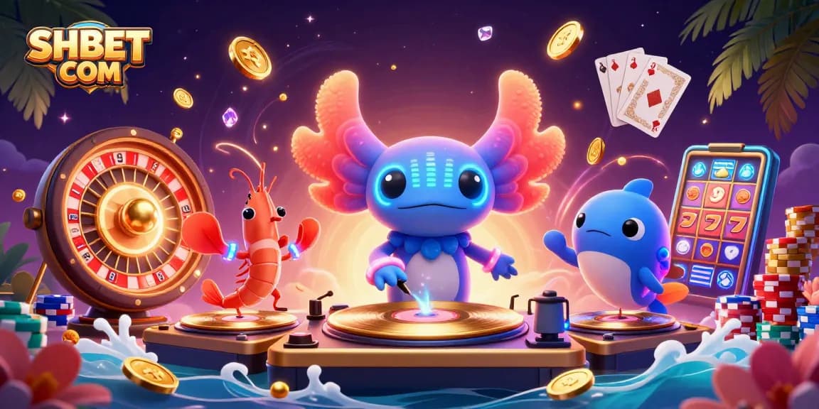 Experience the vibrant atmosphere of SHBET COM with dancing axolotls and shimmering casino elements.