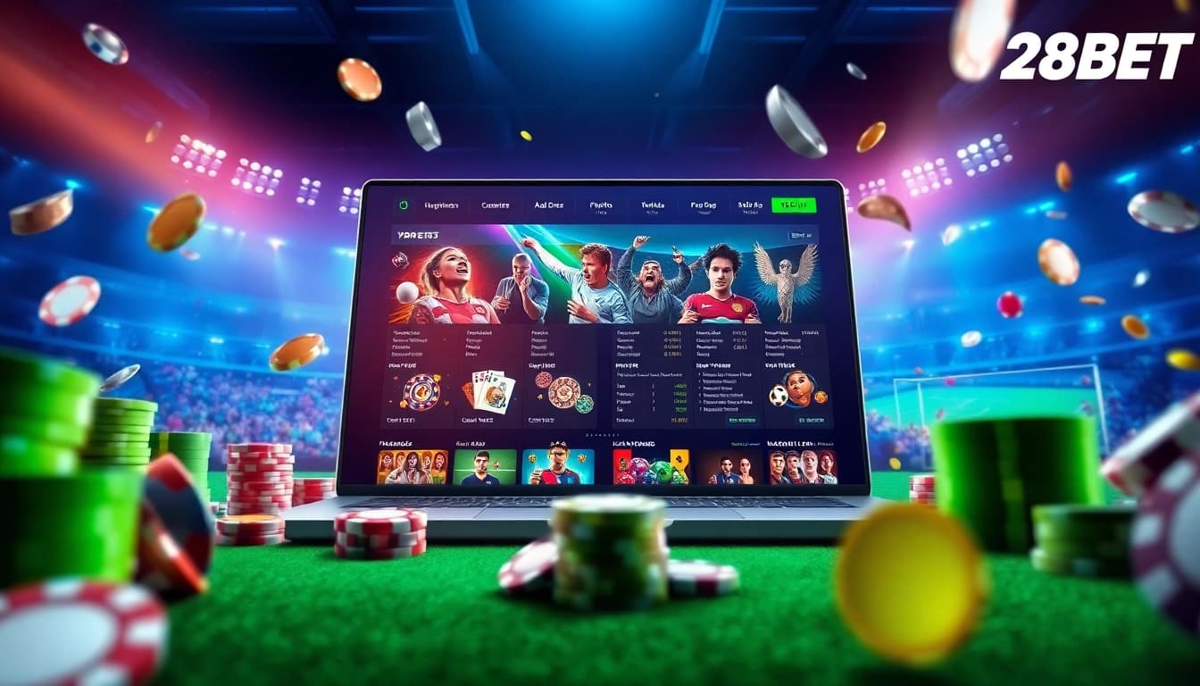Engaging visual representing nhà cái 28BET's dynamic online gambling platform with exciting games and sports betting options.
