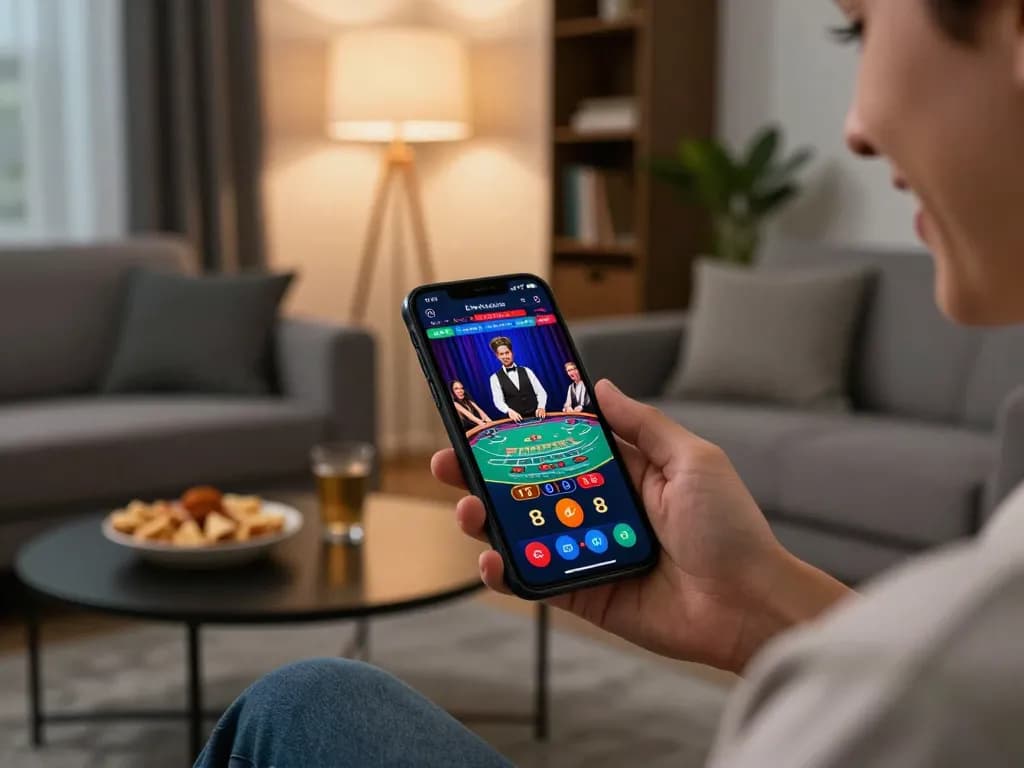 Player enjoying live casino action on sc88 mobile app in a cozy living room setting.