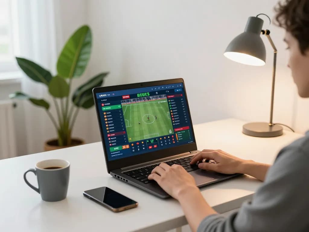 Person placing bets on KO66 through a sleek laptop at home gaming setup.