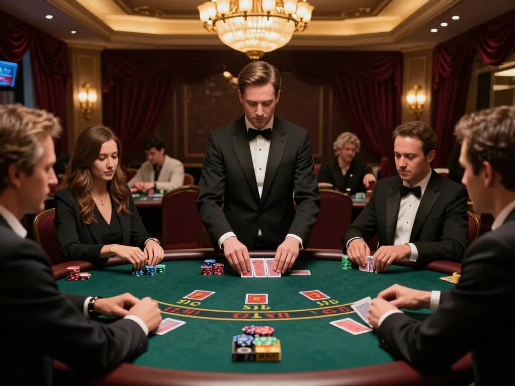 Engaging scene at the blackjack table at sc88.casino, showcasing players and dealers amidst a luxurious casino setting.
